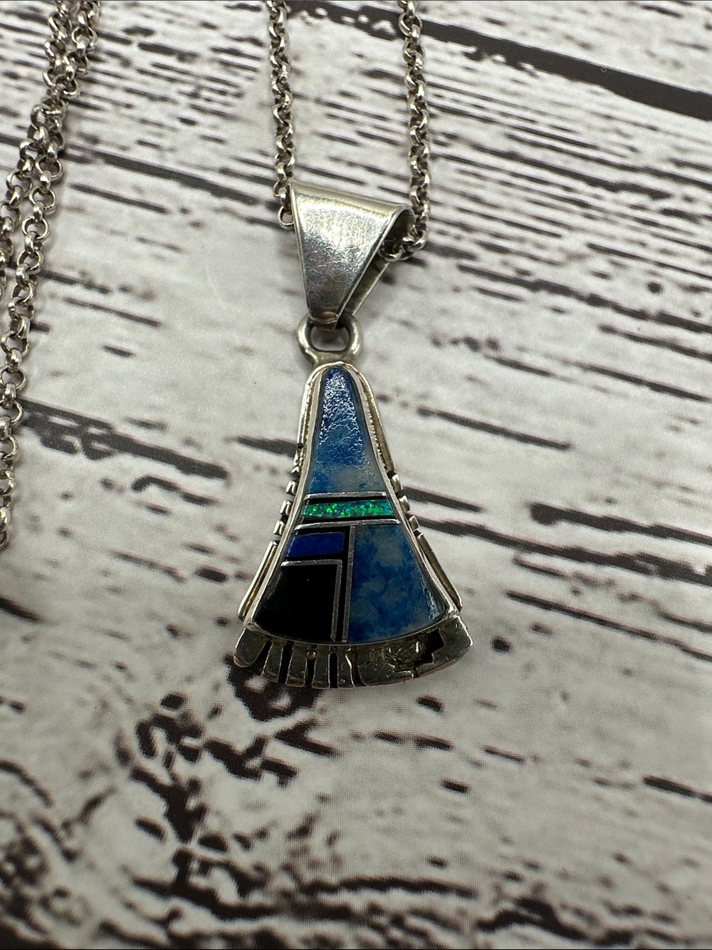 Sterling Silver Blue and Green Inlay Pendant Necklace - Women Jewelry
